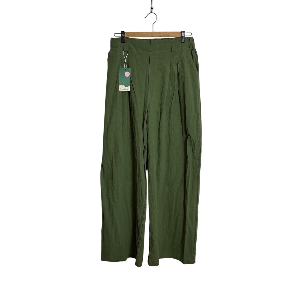 Halara Green Large High Waisted Plicated Wide Leg Flowy Palazzo Cotton Pants NEW